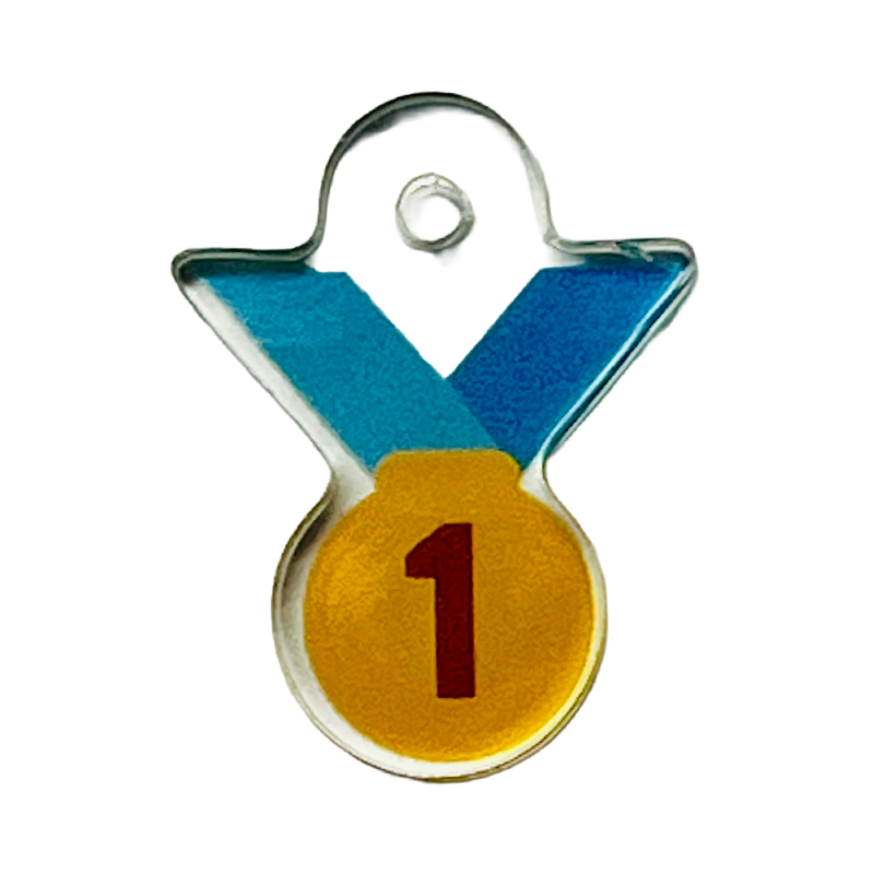 Acrylic charm with gold medal icon with the number "1" on it.