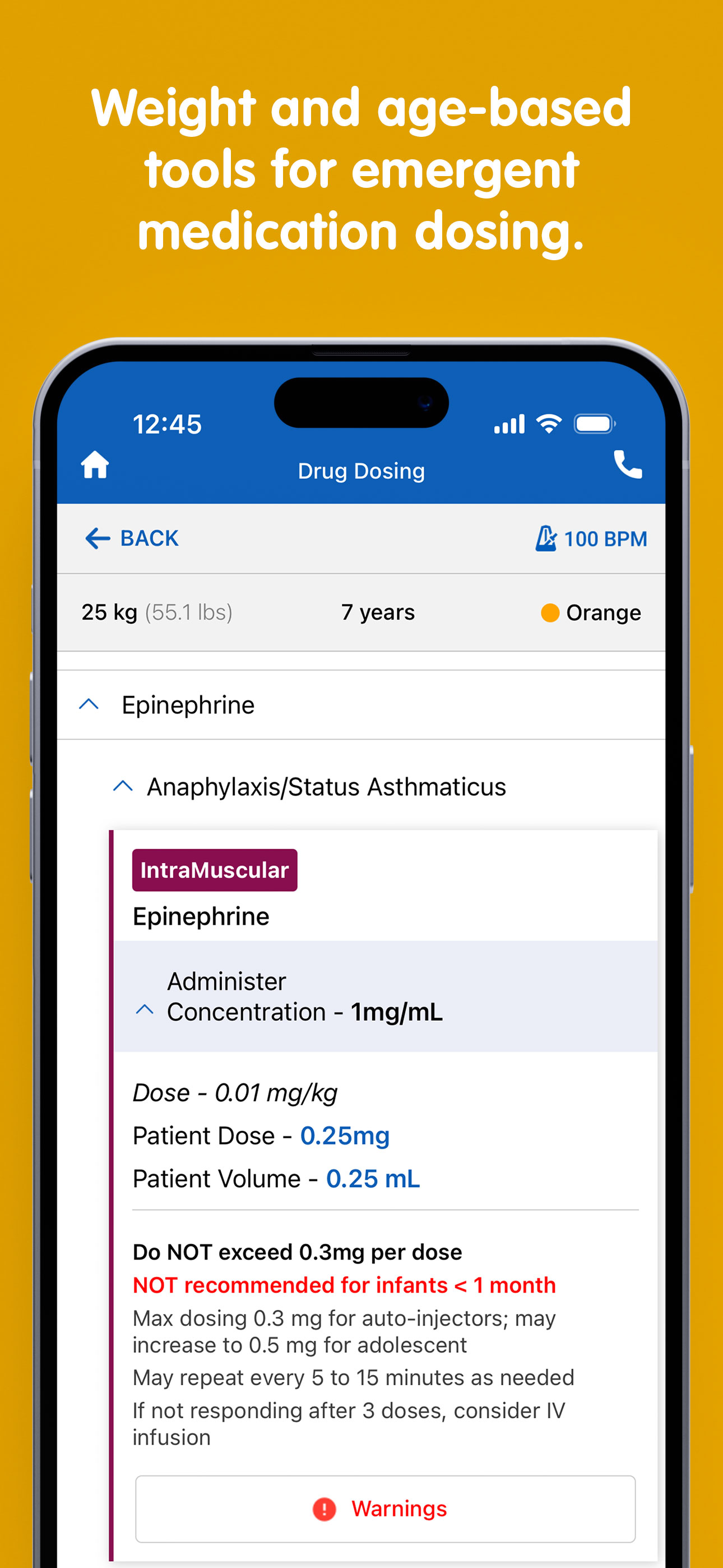 PedsGuide App "access age/weight specific drug dosing decision support" screen