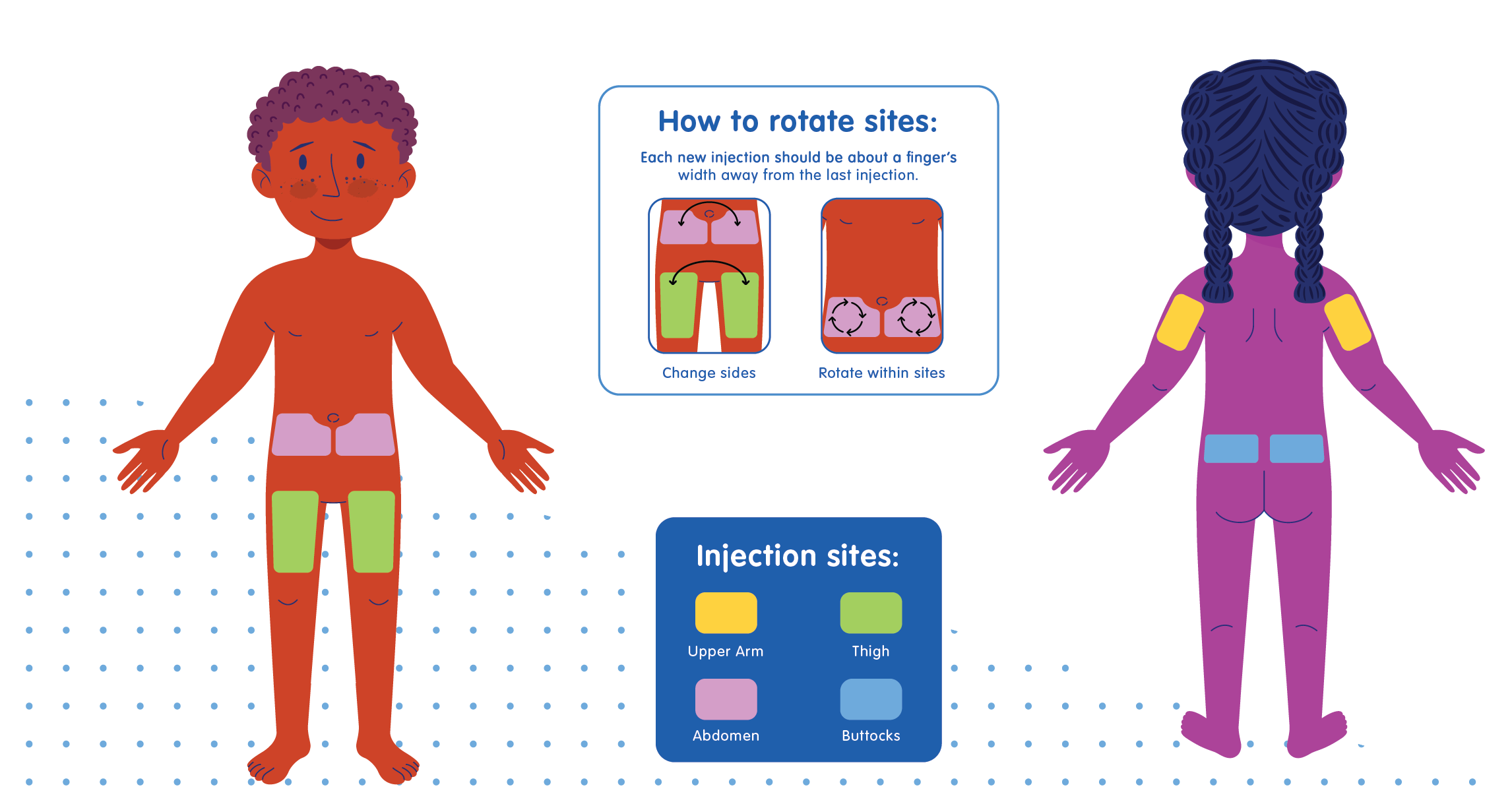Graphic of male and female showcasing where on the body you can inject insulin.