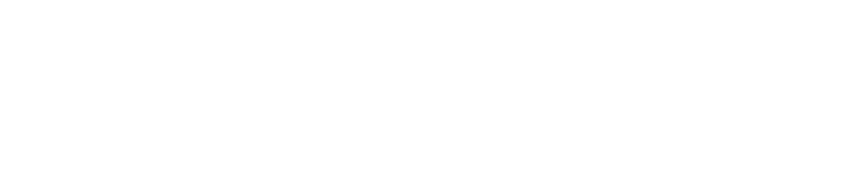 Children's Mercy logo in white. Includes icon of adult with dancing child.